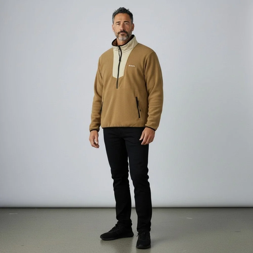 Columbia Mens Sequoia Grove Half Zip Fleece Pullover Jacket S Tan/Brown/Black